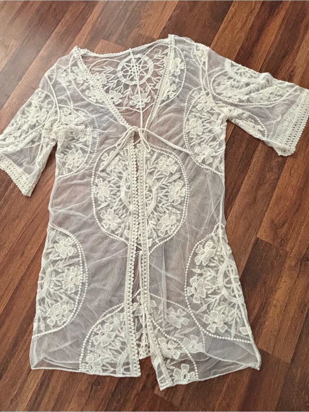 Sheer Ivory Embroidered Lace Kimono Cover-Up